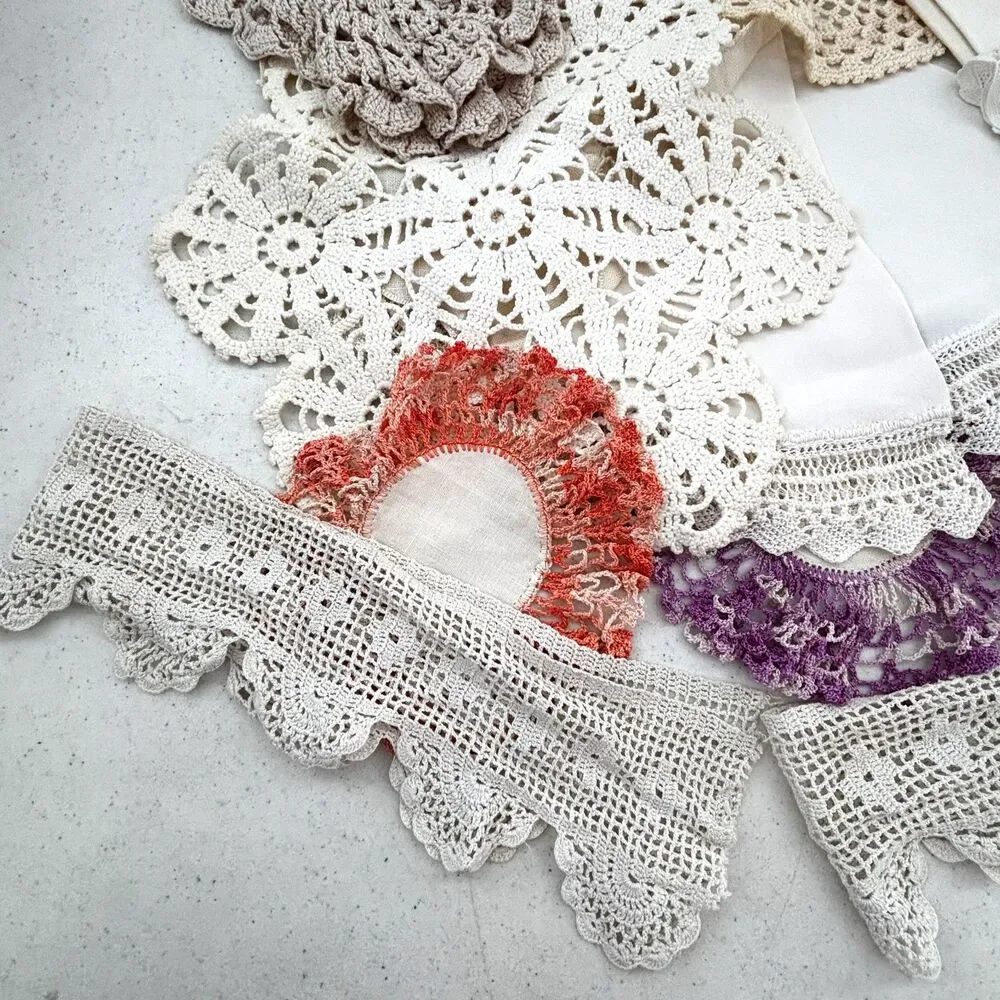 Vintage Cutter Linen Lot Doilies Eyelet Crochet Cottagecore Crafts Sewing